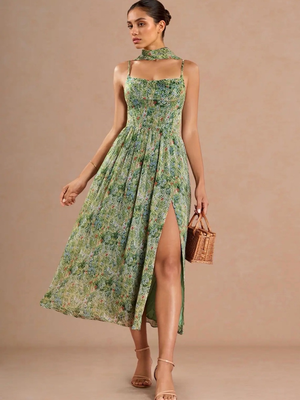 Azazie Green Floral Midi Dress with High Slit